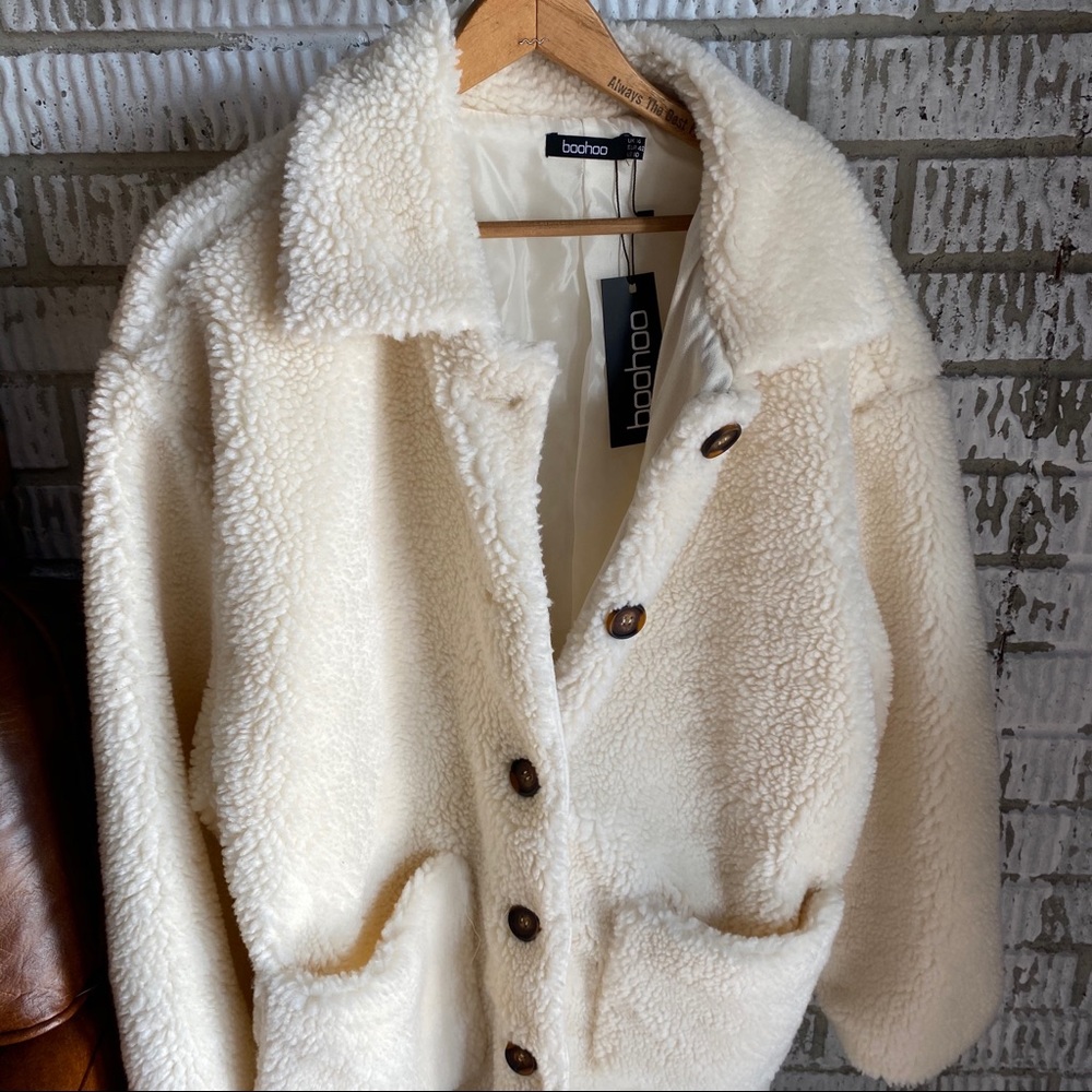 Cream Oversized Teddy Coat pockets Brown buttons
